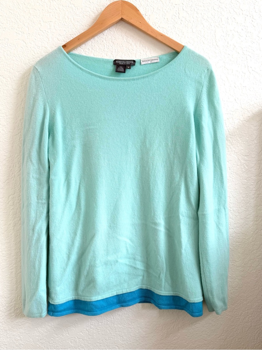 Rebecca Moses Italy Cashmere Aqua Blue Crewneck Sweater M
